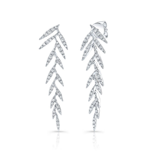 Diamond Pave Laurel Leaves Dangling Earrings In 14k White Gold