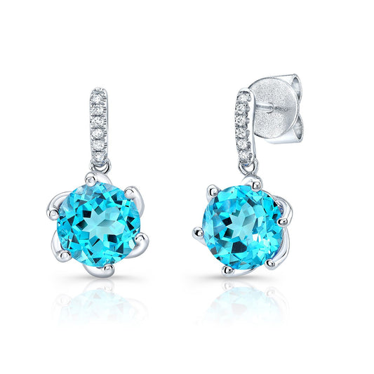 Blue Topaz Round Drop Earrings With Curved Prong Basket And Diamond Pave Tops In 14k White Gold (7.5mm)