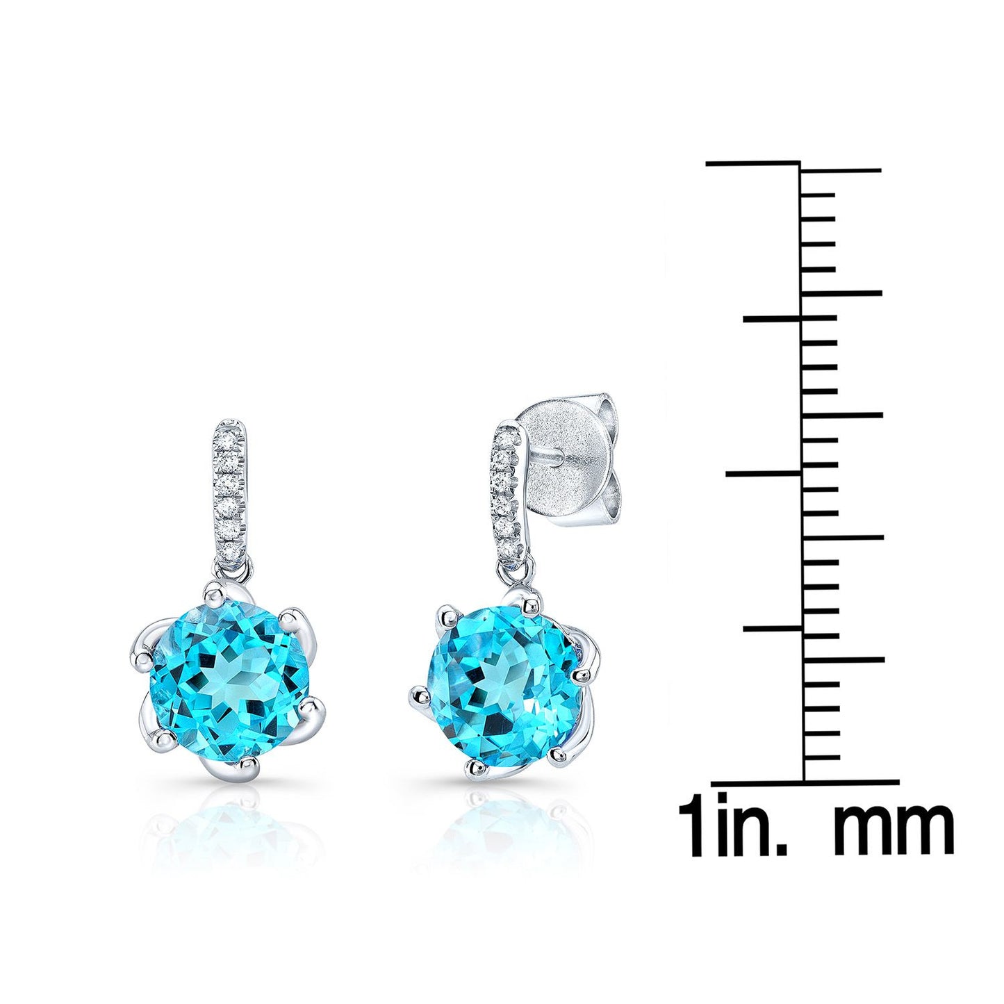 Blue Topaz Round Drop Earrings With Curved Prong Basket And Diamond Pave Tops In 14k White Gold (7.5mm)