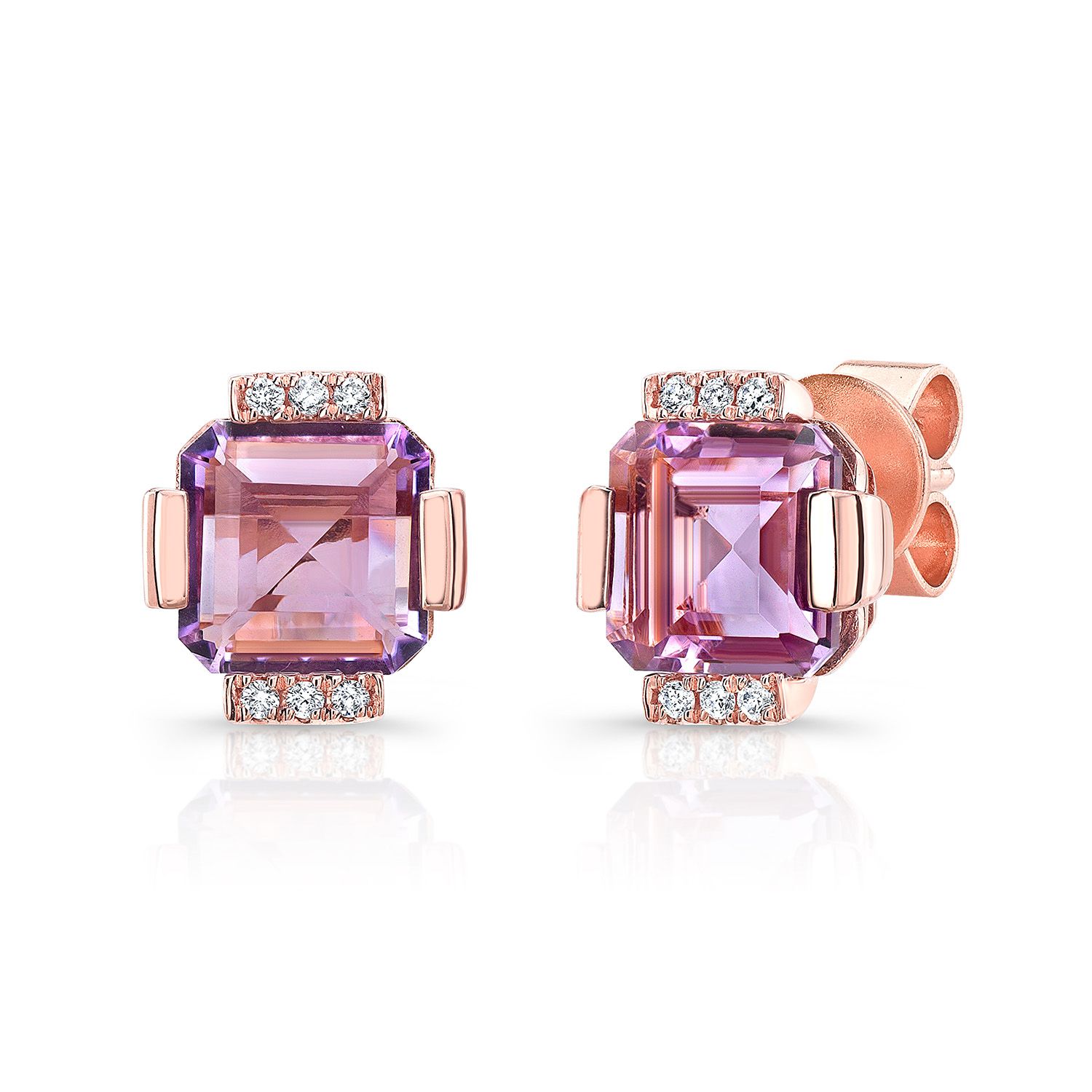 Amethyst Octagon Cut Earrings With Diamond Pave & Solid Bar/channel Basket In 14k Rose Gold