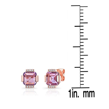 Amethyst Octagon Cut Earrings With Diamond Pave & Solid Bar/channel Basket In 14k Rose Gold