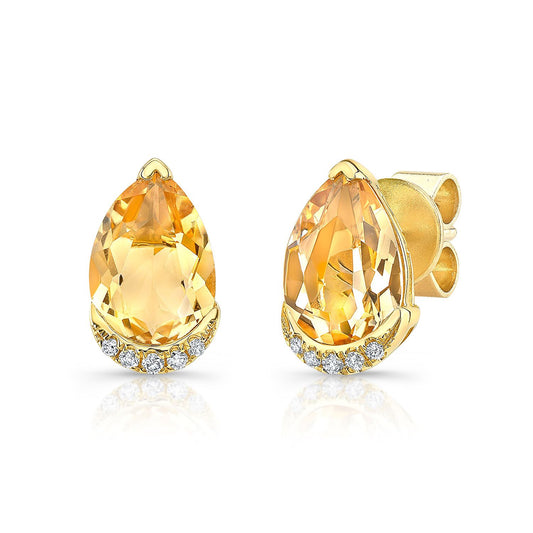 Citrine Teardrop Stud Earrings With Diamond Pave Accent In 14k Yellow Gold (9x6mm)