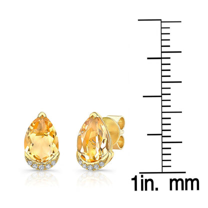 Citrine Teardrop Stud Earrings With Diamond Pave Accent In 14k Yellow Gold (9x6mm)