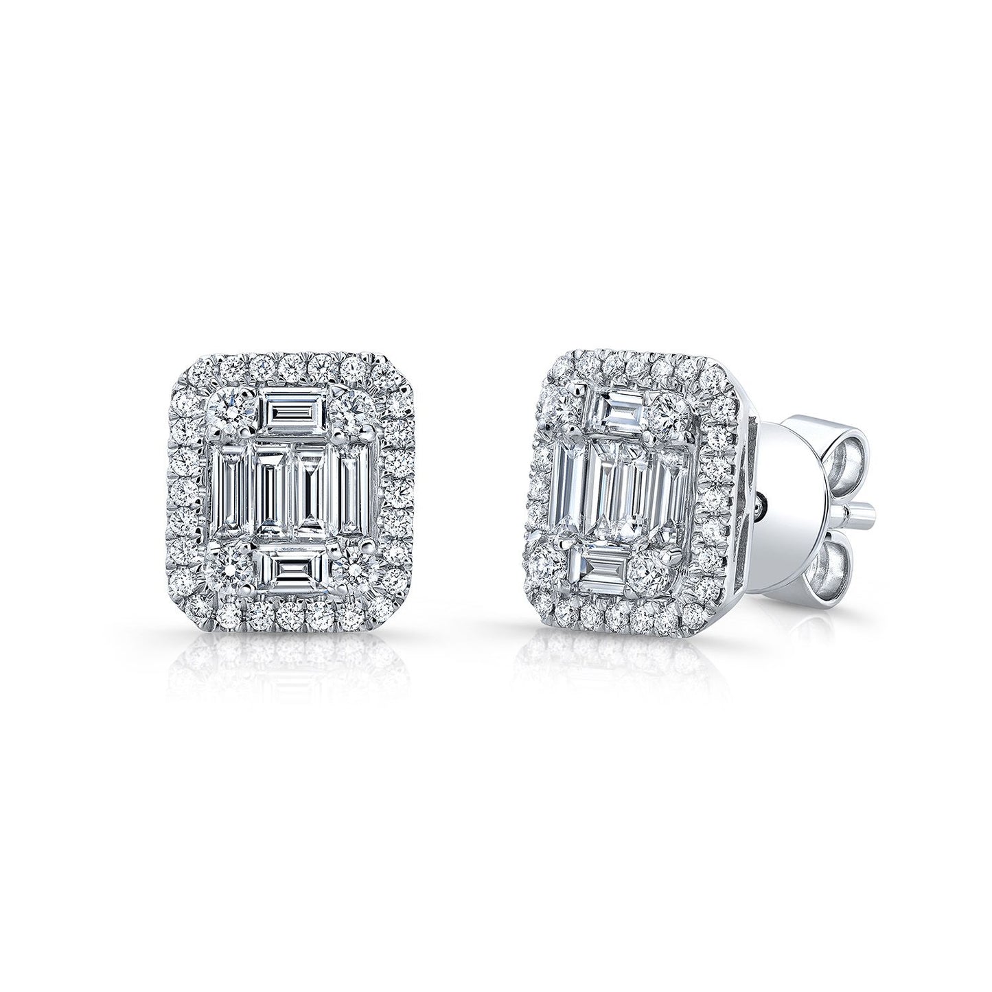 Diamond Baguette And Round Illusion Emerald-cut Halo Earrings In 14k White Gold
