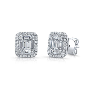 Emerald Round Brilliant Stud Earrings in 14K White Gold | RockHer