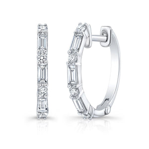 Diamond Baguette And Round Hoop Earrings in 14K White Gold | RockHer