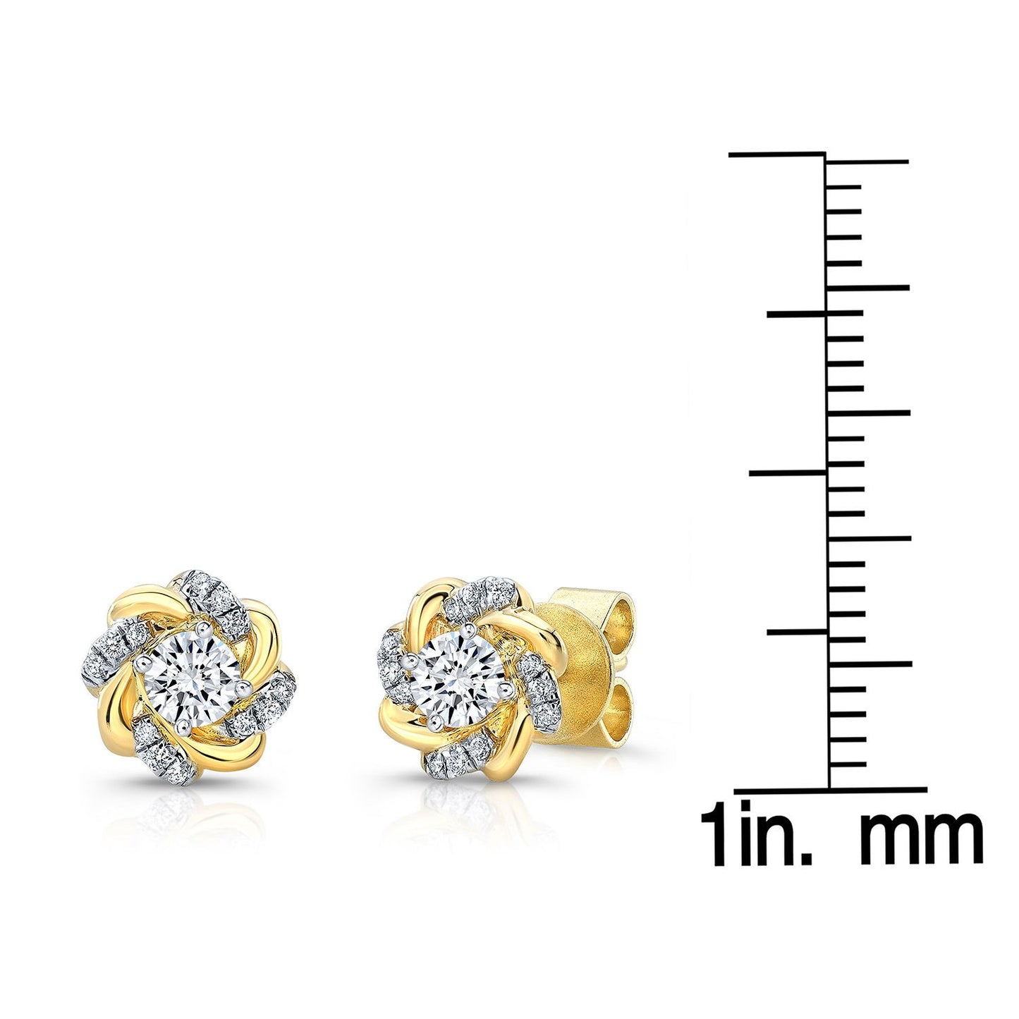 Diamond Floral Swirl High-polish Accent Earrings With Round Centers In 14k Yellow Gold