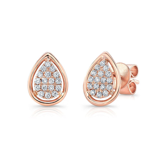 Diamond Pave Teardrop Cluster Earrings With High Polish Border In 14k Rose Gold