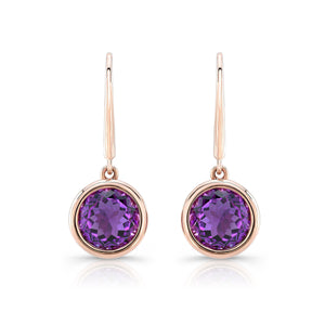Amethyst Round Bezel Drop Earrings With Leverbacks in 14K Rose Gold – front view | RockHer