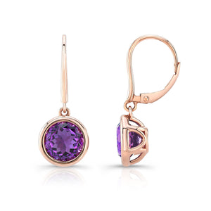 Amethyst Round Bezel Drop Earrings With Leverbacks in 14K Rose Gold – side profile | RockHer