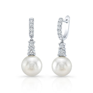 White Pearl And Diamond Dangle Earrings With Prong-set Tops And Hinged Post Backs in 14K White Gold (8.0-8.5mm) (si) | RockHer