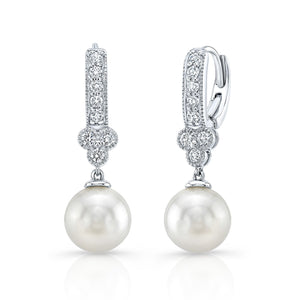 White Pearl And Diamond Dangle Earrings With Clover Top & Miillgrain Detail (8.0-8.5mm) (si), in 14K White Gold | RockHer