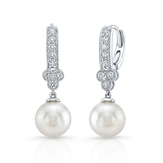 White Pearl And Diamond Dangle Earrings With Clover Top & Miillgrain Detail (8.0-8.5mm) (si)