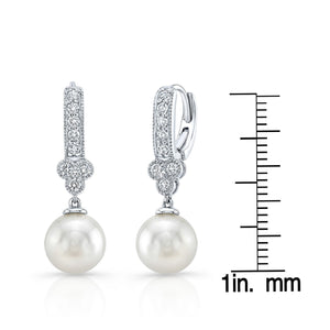 White Pearl And Diamond Dangle Earrings With Clover Top & Miillgrain Detail (8.0-8.5mm) (si), in 14K White Gold – scale reference | RockHer