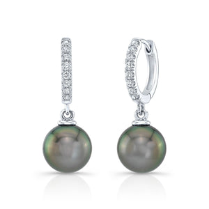 Black Pearl And Diamond Straight Dangle Earrings With Huggie Closures in 14K White Gold (8.0-8.5mm) (si) | RockHer