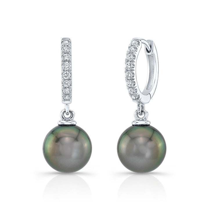 Black Pearl And Diamond Straight Dangle Earrings With Huggie Closures in 14K White Gold (8.0-8.5mm) (si) | RockHer