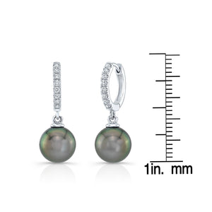 Black Pearl And Diamond Straight Dangle Earrings With Huggie Closures in 14K White Gold (8.0-8.5mm) (si) – scale reference | RockHer
