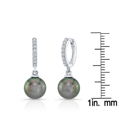 Black Pearl And Diamond Straight Dangle Earrings With Huggie Closures In 14k White Gold (8.0-8.5mm) (si)