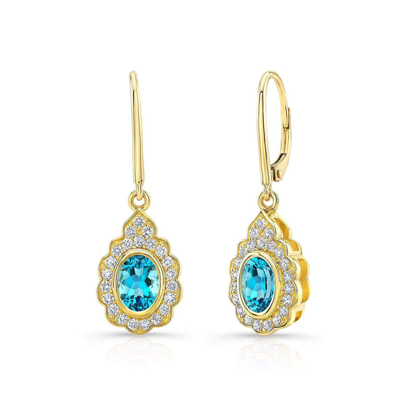Blue Topaz And Diamond Oval Bezel Leverback Earrings With Teardrop Scallop Frame In 14k Yellow Gold (7x5mm)
