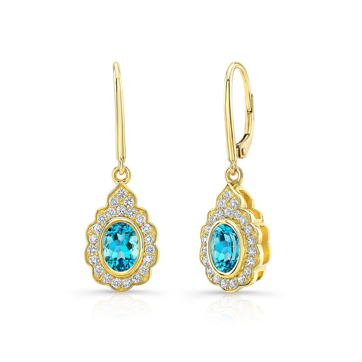 Blue Topaz And Diamond Oval Bezel Leverback Earrings With Teardrop Scallop Frame In 14k Yellow Gold (7x5mm)