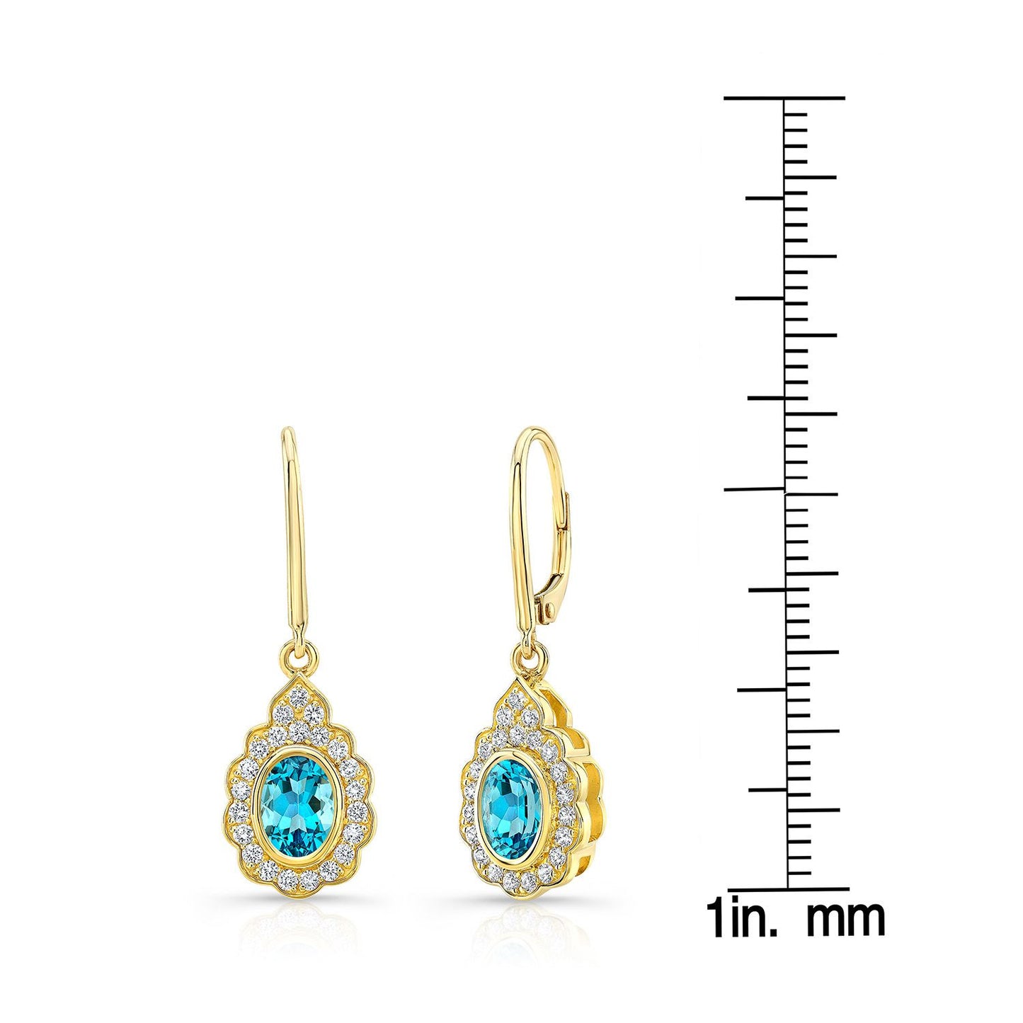 Blue Topaz And Diamond Oval Bezel Earrings With Teardrop Scallop Frame In 14k Yellow Gold (7x5mm)