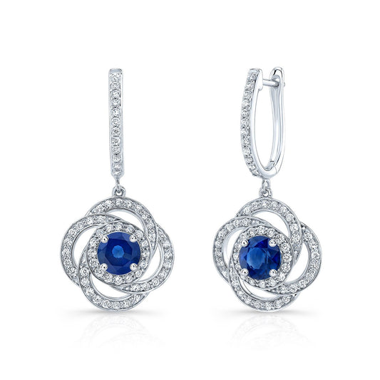 Sapphire And Diamond Round Dangle Earrings With Pave Love Knot Frame In 14k White Gold (5.5mm)