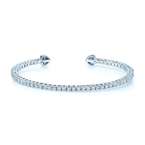 Diamond Open Cuff Bangle With Solid Heart Ends in 18K White Gold – front view | RockHer