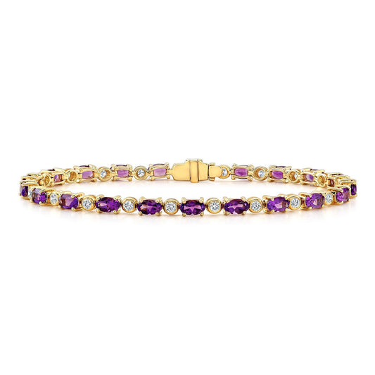 Amethyst And Diamond Oval Bracelet With Round Bezel Links In 14k Yellow Gold (5x3mm)