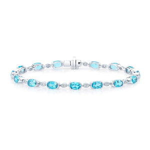 Blue Topaz Oval Half-bezel And Diamond Pave East-west Bracelet in 14K White Gold – front view | RockHer