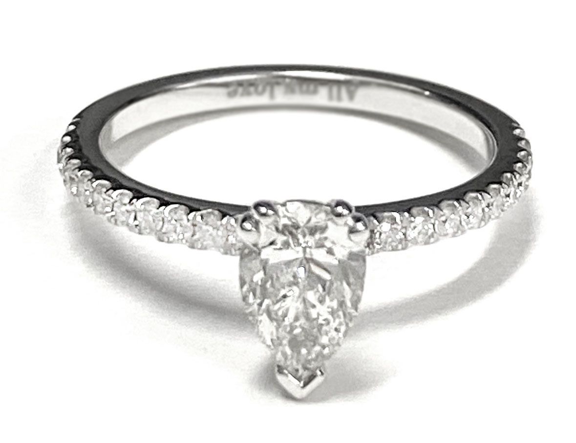 14K White Gold Pear Shape Center  Simple French Pave Double Claw Prong Diamond Engagement Ring