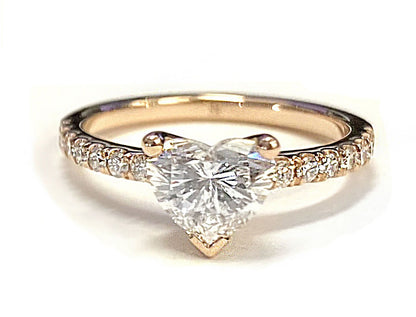 18K Yellow Gold Heart Shape Center Simple Linear Diamond Pave Engagement Ring -1/5ctw