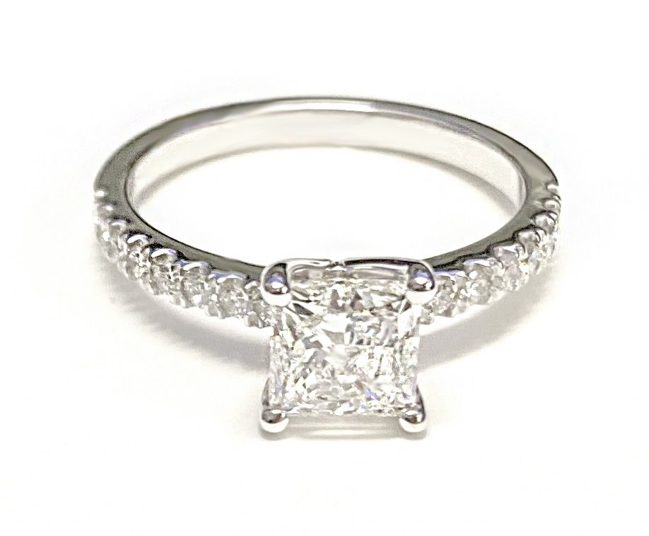 Platinum Princess Cut Simple Linear Diamond Pave Engagement Ring -1/5ctw