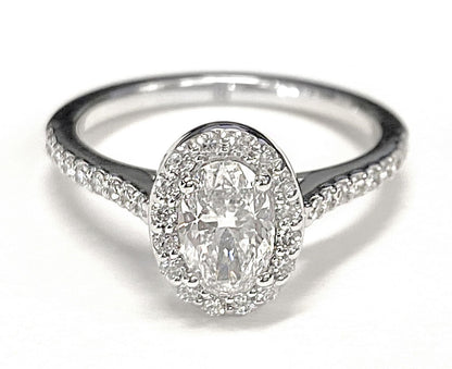 18K White Gold Oval Classic French Pave Diamond Halo and Linear Engagement Ring -1/3ctw