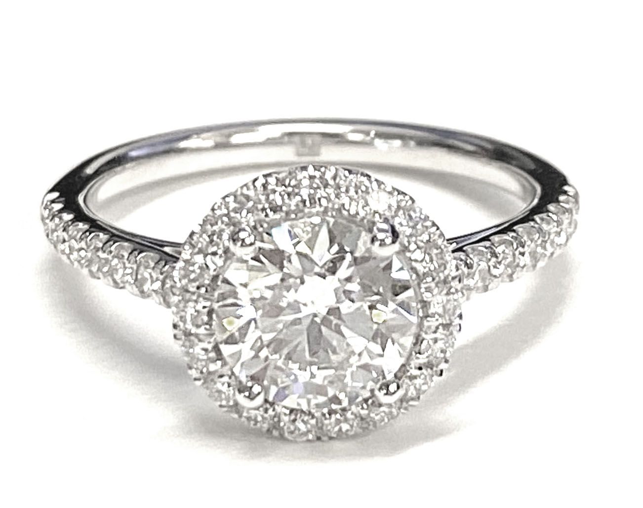 18K White Gold Round Brilliant Diamond Petite Halo French Pave Engagement Ring -3/8ctw