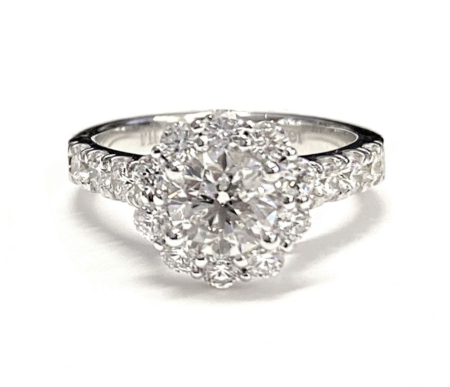 Platinum Round Brilliant Diamond Luxe Style French Pave Halo Engagement Ring -1-1/10ctw