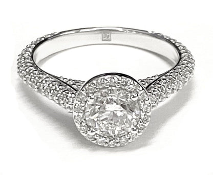 18K White Gold Round Brilliant Diamond Micro-Pavé Halo Engagement Ring -7/8ctw