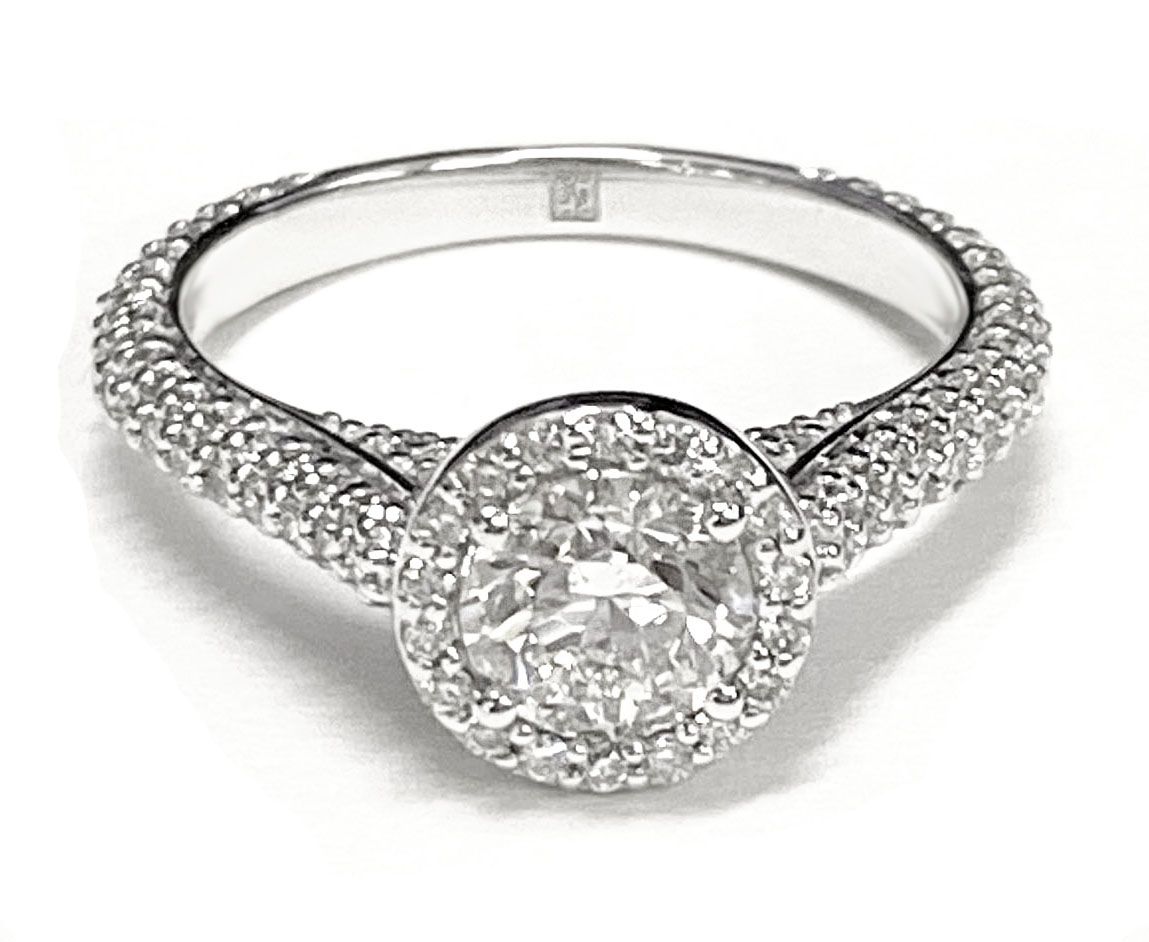Platinum Round Brilliant  Micro-Pavé Halo With Pave Side Diamond Engagement Ring -7/8ctw