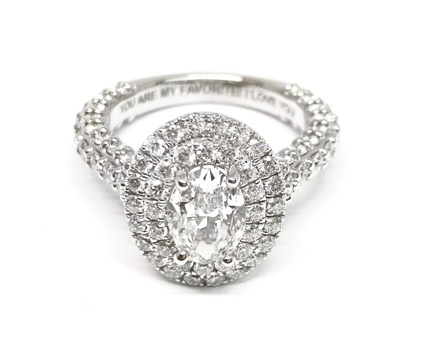 14K White Gold Oval Diamond Bold and Fancy Double Halo French Pave Engagement Ring -2ctw