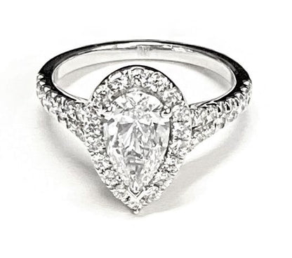 14K White Gold Pear Shape Center Diamond Simple Prong Halo with Petite Split Shank Pave Engagement Ring -1/2ctw
