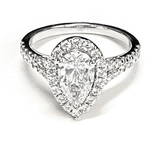 18K White Gold Pear Shape Center Diamond Simple Prong Halo with Petite Split Shank Pave Engagement Ring -1/2ctw