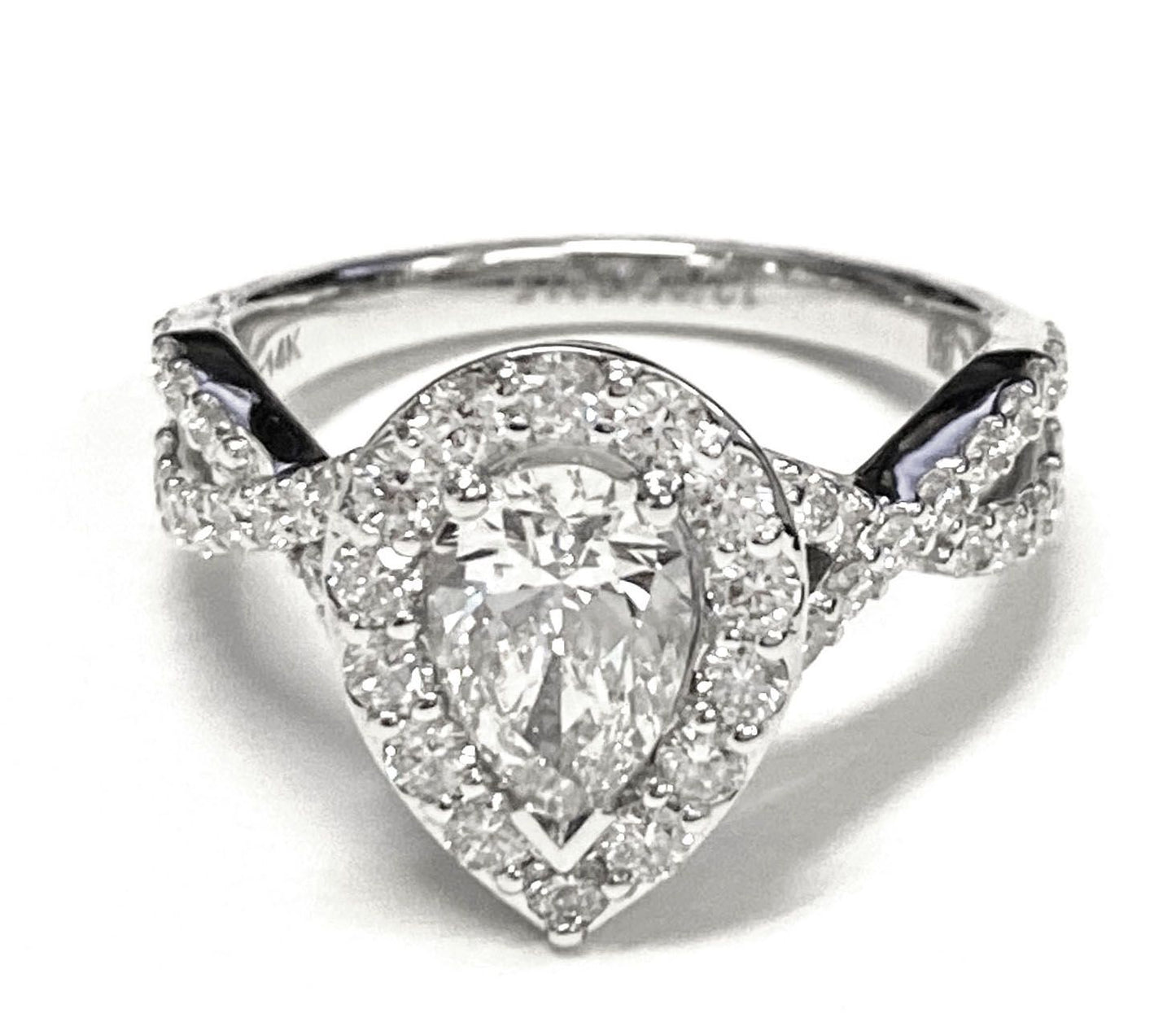 14K Yellow Gold Pear Shape Center Twisted Open Lattice Diamond Halo Engagement Ring -3/4ctw