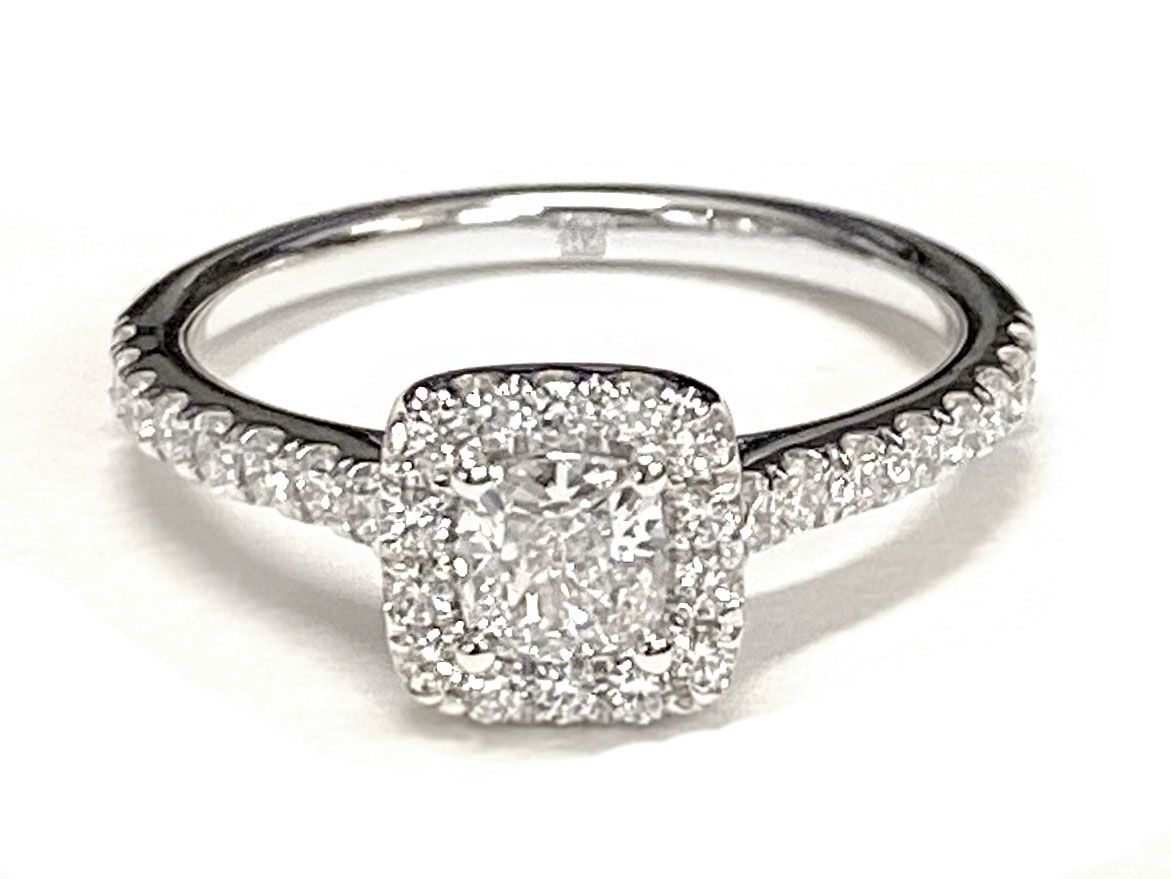18K White Gold Cushion Diamond Classic Pave Halo Cathedral Style Engagement Ring -1/2ctw