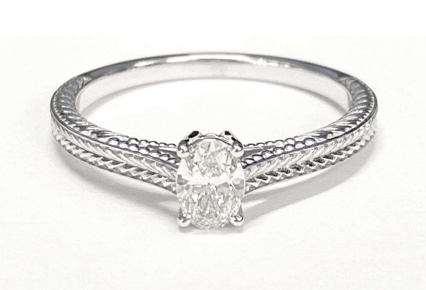 18K White Gold Oval  Hand Engraved Vintage Cathedral Style Solitaire Engagement Ring