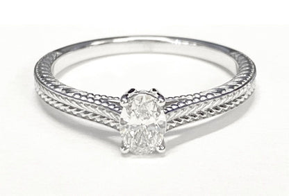 14K White Gold Oval  Hand Engraved Vintage Cathedral Style Solitaire Engagement Ring