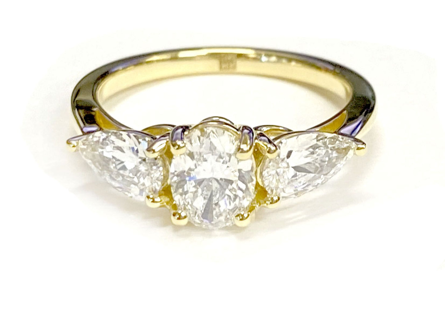 18K Yellow Gold Oval Diamond Perfectly Matched Pear Shaped Three Diamond Engagement Ring -7/8ctw