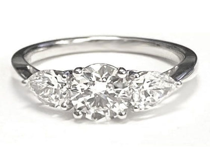 14K White Gold Round Brilliant Diamond Perfectly Matched Pear Shaped Three Diamond Engagement Ring -7/8ctw