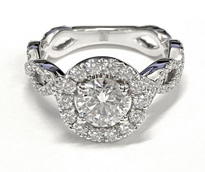18K White Gold Round Brilliant Diamond Ribbon Twist French Pave Halo Engagement Ring -3/4ctw