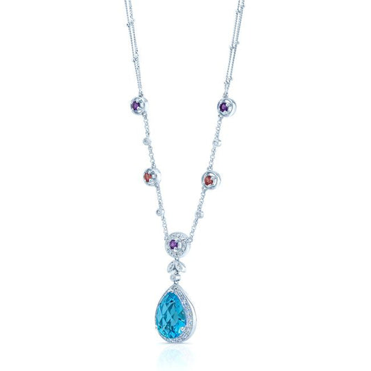 Blue Topaz Multi Gemstone And Diamond Teardrop Double Strand Necklace In 14k White Gold 1/3ctw