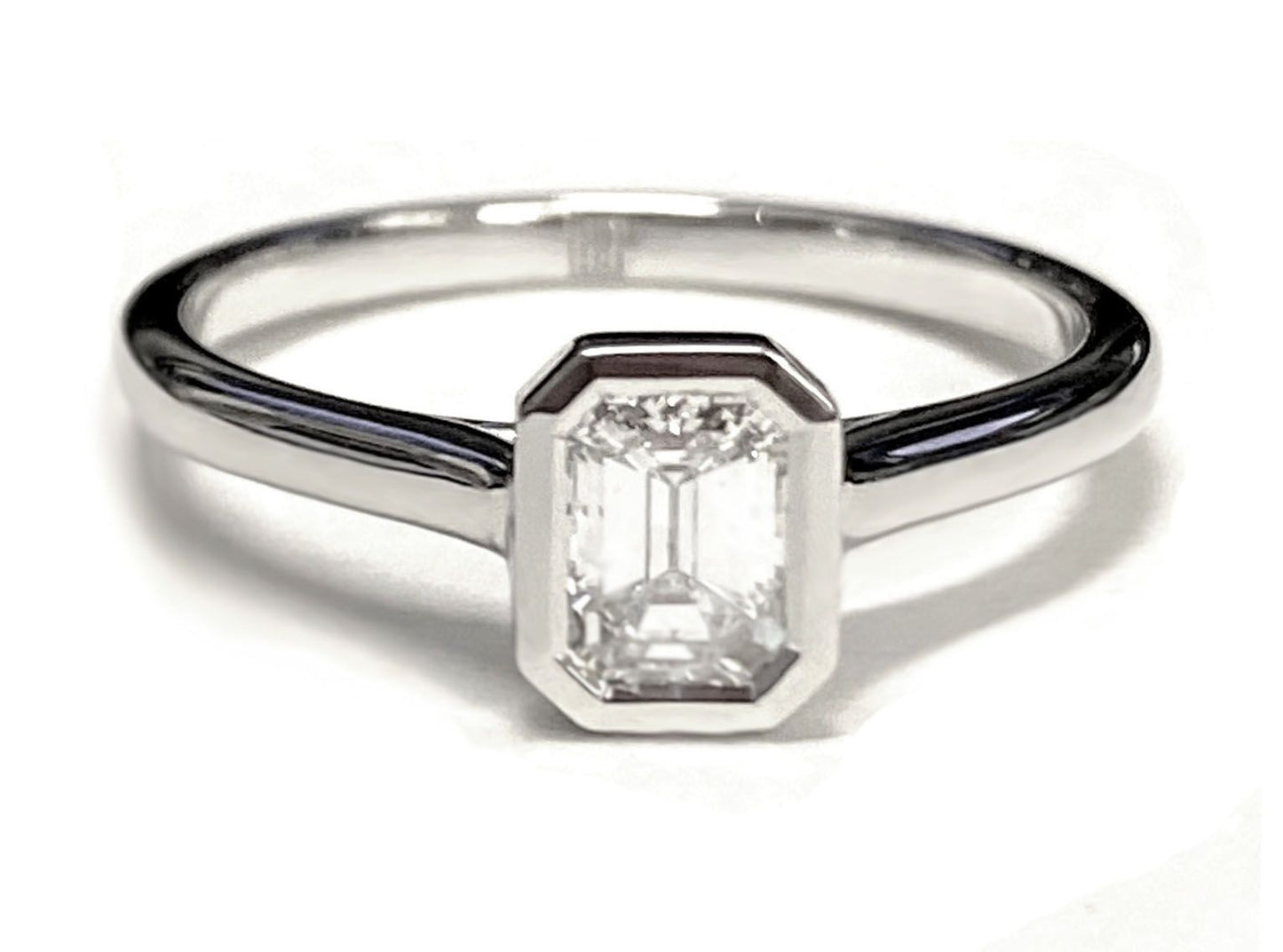 Platinum Emerald Cut  Simple Bezel Solitaire Engagement Ring