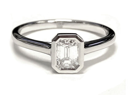 14K White Gold Emerald Cut  Simple Bezel Solitaire Engagement Ring